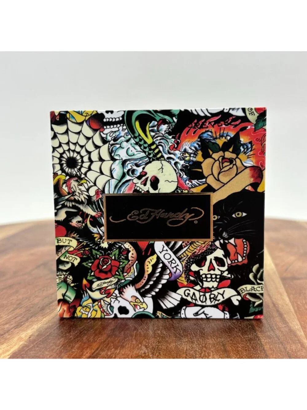Ed Hardy Mens Gold-Tone Chronograph Watch w Black Silicone Strap & Box - NEW